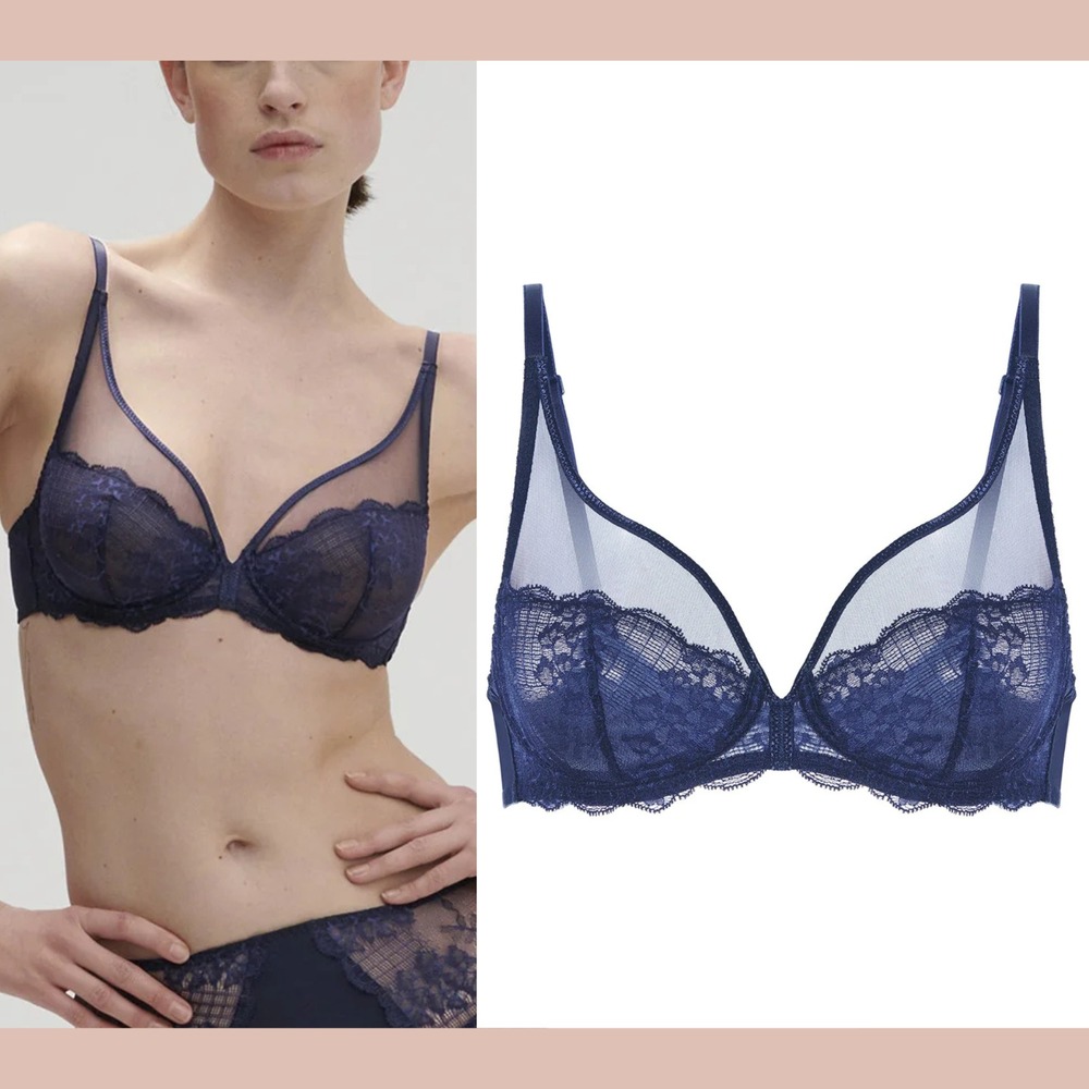 NEW $120 Simone‎ Perele [ 32E ] Reve Full Coverage Plunge Bra Cosmic Blue U1328